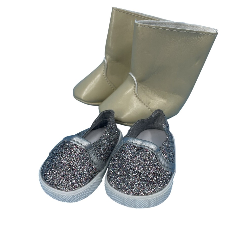 American Girl Doll Shoes Lot Silver Glitter Sneakers and Tan Faux Leather Boots